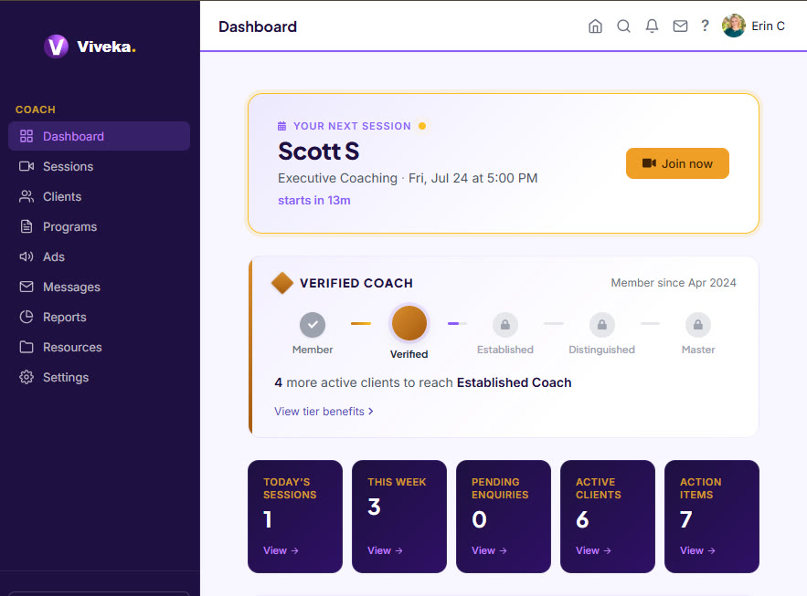 Viveka coach dashboard showing Verified Coach status, next session, and daily practice overview