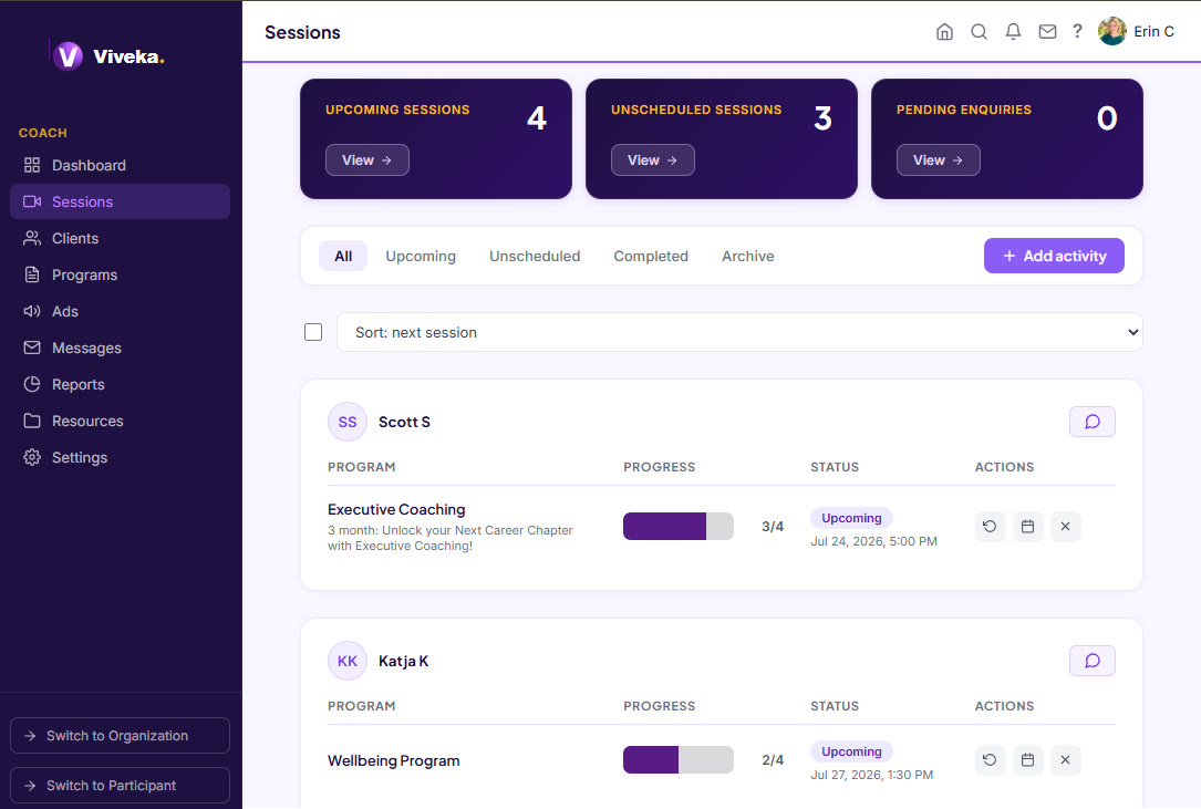 Viveka sessions view showing client programs, progress tracking, and upcoming sessions